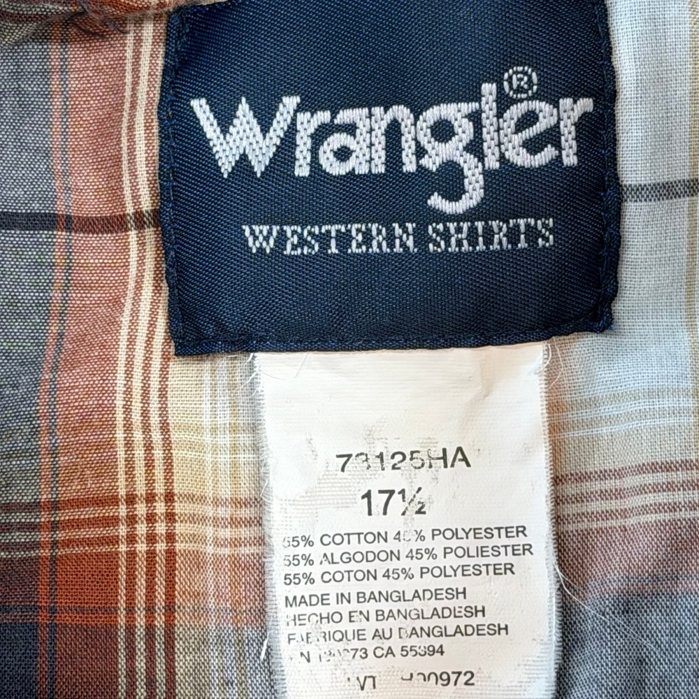 Wrangler Western Shirt Mens 17.5 XL Brown Plaid Good Pearl Snap Short Sleeve - Picture 6 of 9